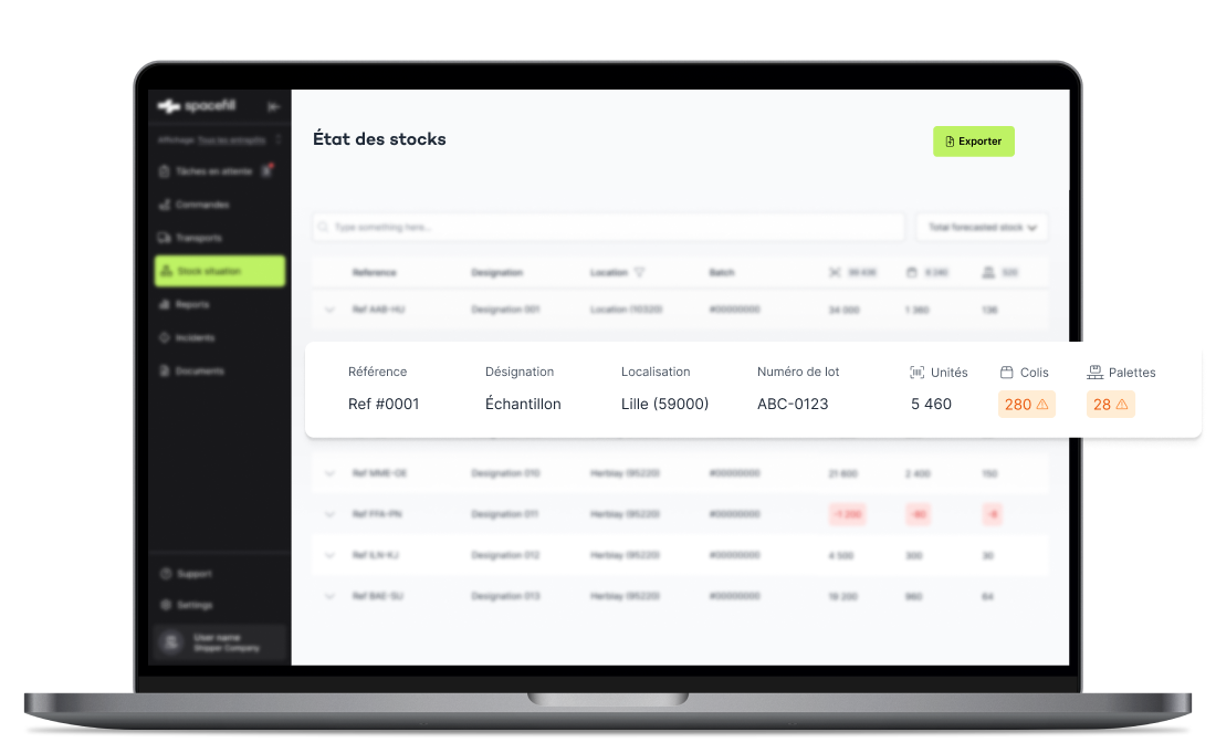 Visualisation des stocks sur la plateforme Spacefill